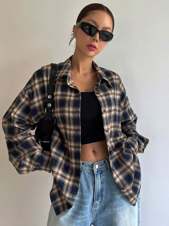 DAZY Plaid Print Drop Shoulder Shirt, Ladies Casual Button, Pocket Long Sleeve Collar Loose Regul... | SHEIN