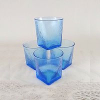 Vintage Blue Drinking Glasses, Square Base With Fabulous Ribbed Texture, Mid Century Modern, Set Of 4 Glasses | Etsy (US)