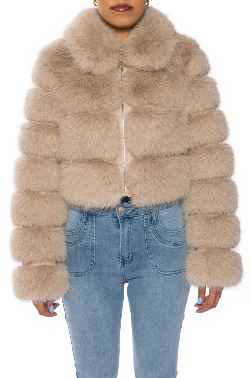 KHOKHO TAN FAUX FUR JACKET | Azalea Wang