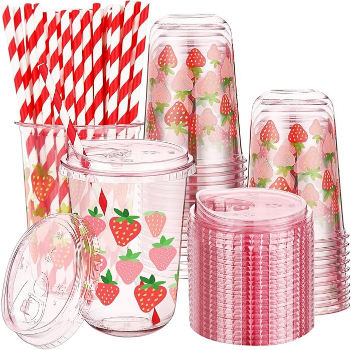 LemonRoad 50 Sets Pink Strawberry Clear Plastic Cups with Lids & Straws 16 oz Party Tumblers for ... | Amazon (US)