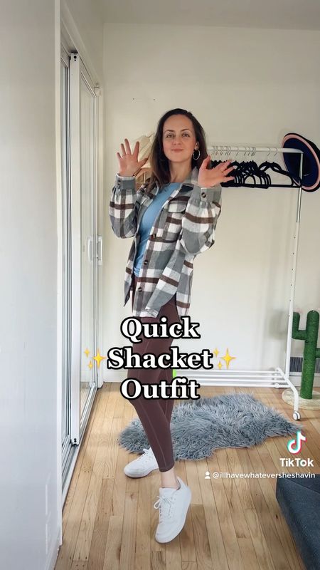Neutral Shacket Outfit from Amazon - plaid shacket (shirt + jacket), brown leggings with pockets, white sneakers, blue athletic top, silver hoop earrings. Quick and simple mom outfit #LTKFind #LTKshoecrush #casual #momoutfit #casualoutfit #casualstyle #over30 #whitesneakers #silverearrings #amazonfashion #affordablestyle

#LTKunder50 #LTKstyletip #LTKSeasonal