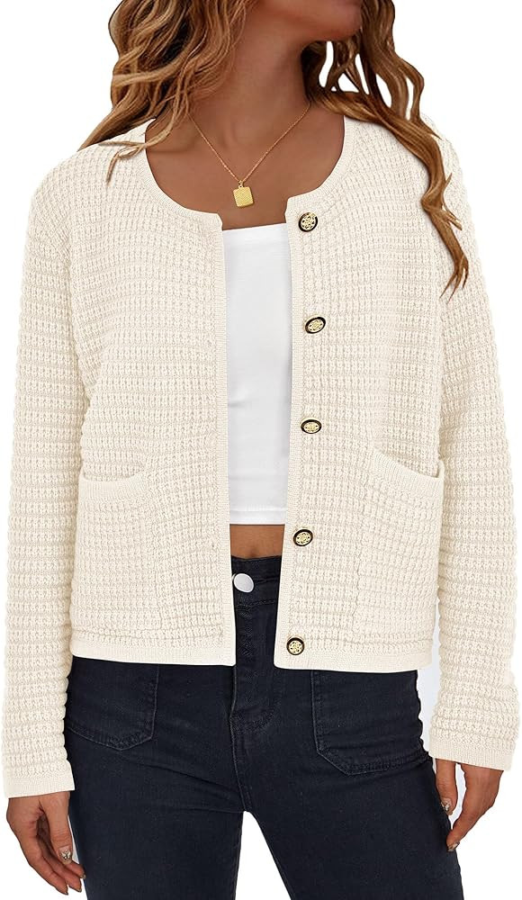 PRETTYGARDEN Womens Open Front Button Down Long Sleeve Pockets Chunky Knit Cardigan Sweaters | Amazon (US)