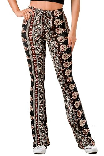 ShoSho Womens Drawstring Waist Flare Pants Buttery Soft Boho Bell Bottoms Bohemian Print Brown/Black Small | Amazon (US)
