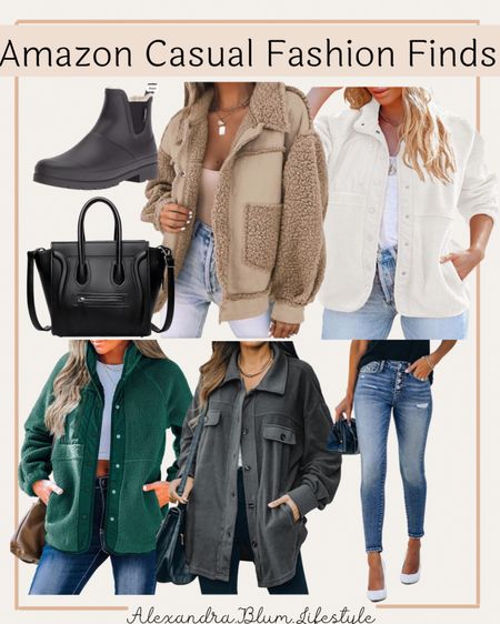 Cute winter Sherpa shackets, winter button up tops, and blue skinny jeans, Sherpa rain winter boots, and black saddle handbag!! Amazon fashion finds! 

#LTKunder100 #LTKitbag #LTKunder50