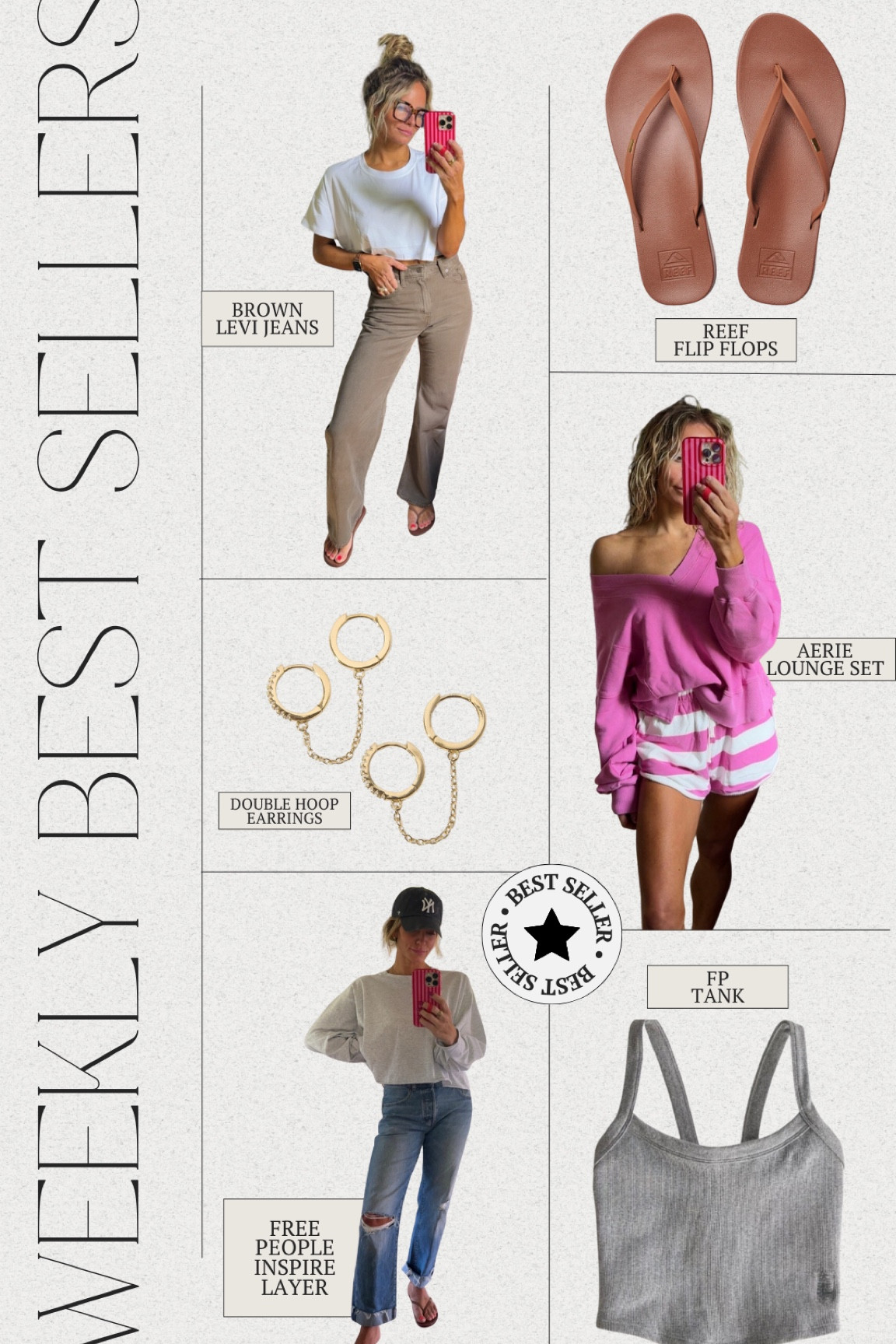 Weekly Top Six 
1: Brown Levi’s
2. Double Hoop Earrings- code LOLAMARIE
3. Free People Inspire Layer top
4. Reef Flip Flops 
5. Aerie Lounge Set
6. FP Tank