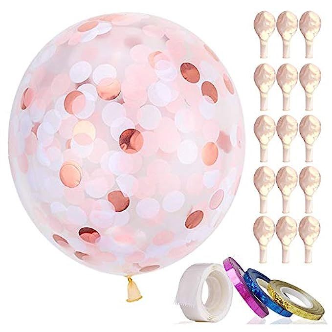 Rose Gold Confetti Balloons 15 Pcs 18 inch Large Balloons Gold Foil, Light Pink White Paper Pre-Fill | Amazon (US)