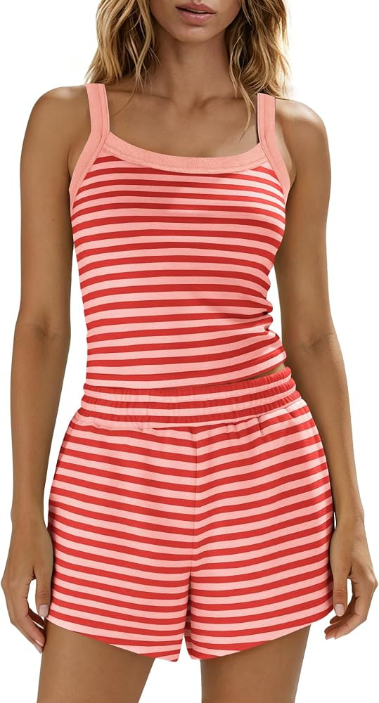 Panadila Women Striped Lounge Set 2 Piece Shorts Sets Spaghetti Strap Tank Top High Waisted Short... | Amazon (US)