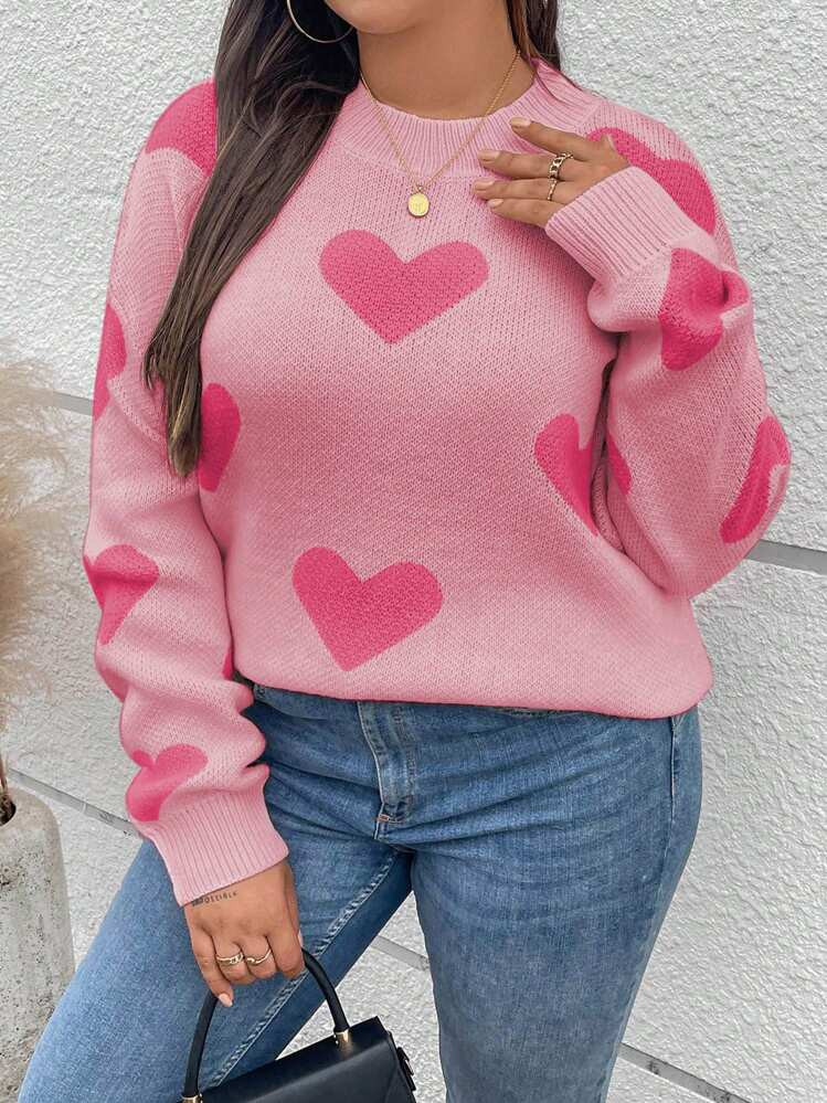 SHEIN Relaxiva Plus Size Casual Heart Pattern Sweater, Fall/Winter | SHEIN