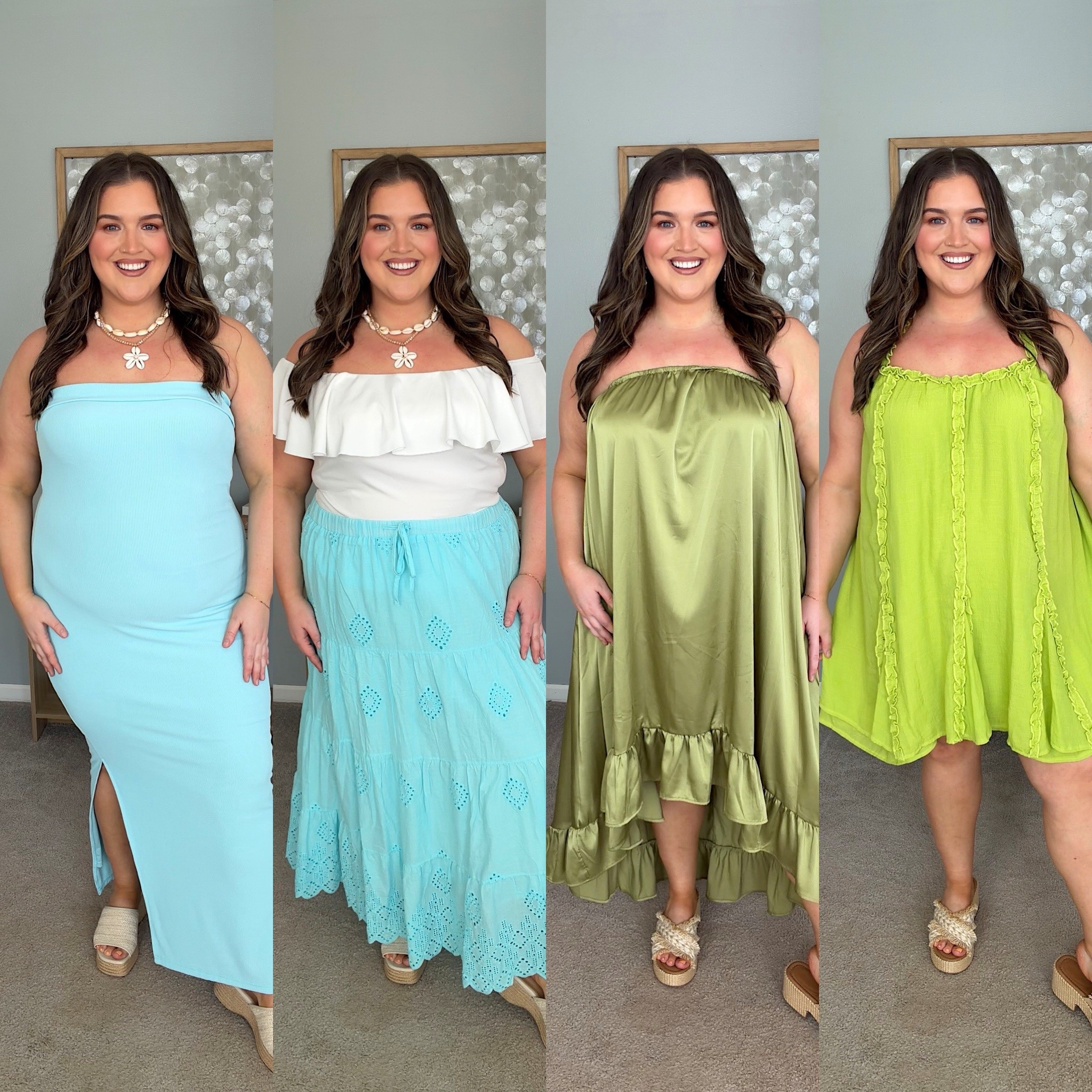 Colorful resort wear vacation outfits styled for Mexico 🩵🐚🌴 Narrowed it down to 2 colors for each color theme nights. I’m wearing a size XL + XXL
Beach style, vacay, plus size fashion, eyelet skirt, strapless off the shoulder 

#LTKootd #LTKSeasonal #LTKPlusSize