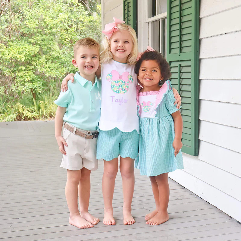 Mouse Ears Floral Embroidered Turquoise Gingham Scalloped Short Set | Classic Whimsy