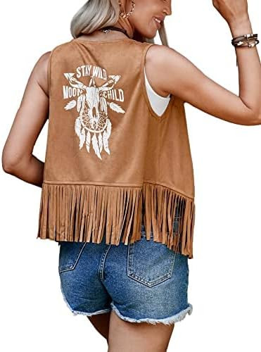 Hotouch Women Fringe Vest Tassels 70s Hippie Costume Cowgirl Outfits Faux Suede Open Front Wester... | Amazon (US)
