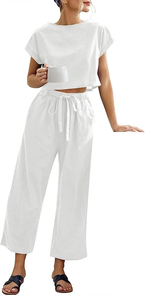 Eurivicy Women's 2 Piece Outfits Short Sleeve Crop Top and Pocketed Wide Leg Pants with Belt Casu... | Amazon (US)