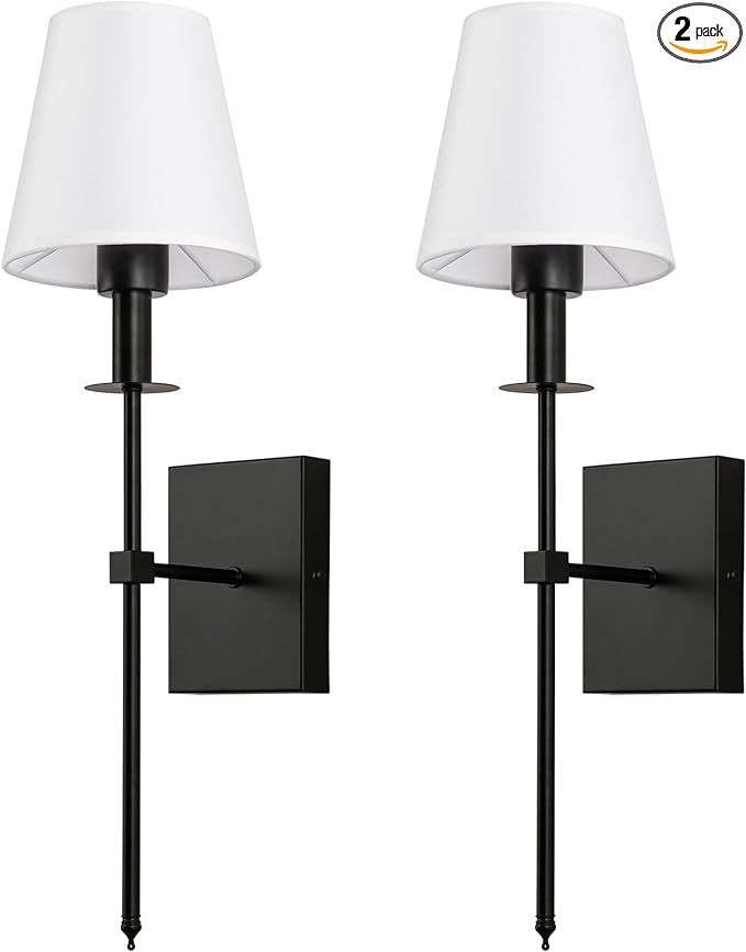Black Wall Sconces Set of 2, Hardwired Indoor Wall Lights Fixtures with White Fabric Shade Bathro... | Amazon (US)