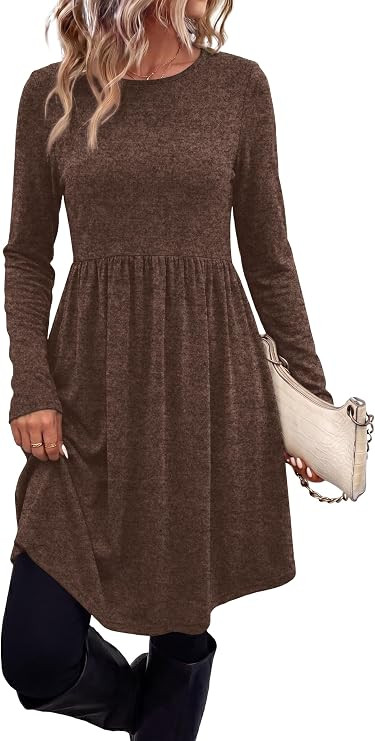 OFEEFAN Womens Long Sleeve Fall Dresses with Pockets Crew Neck Babydoll Casual Winter Dress 2026 | Amazon (US)