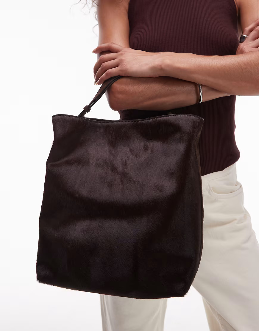 ARKET real leather suede pony hair shopper tote bag in chocolate brown | ASOS (Global)