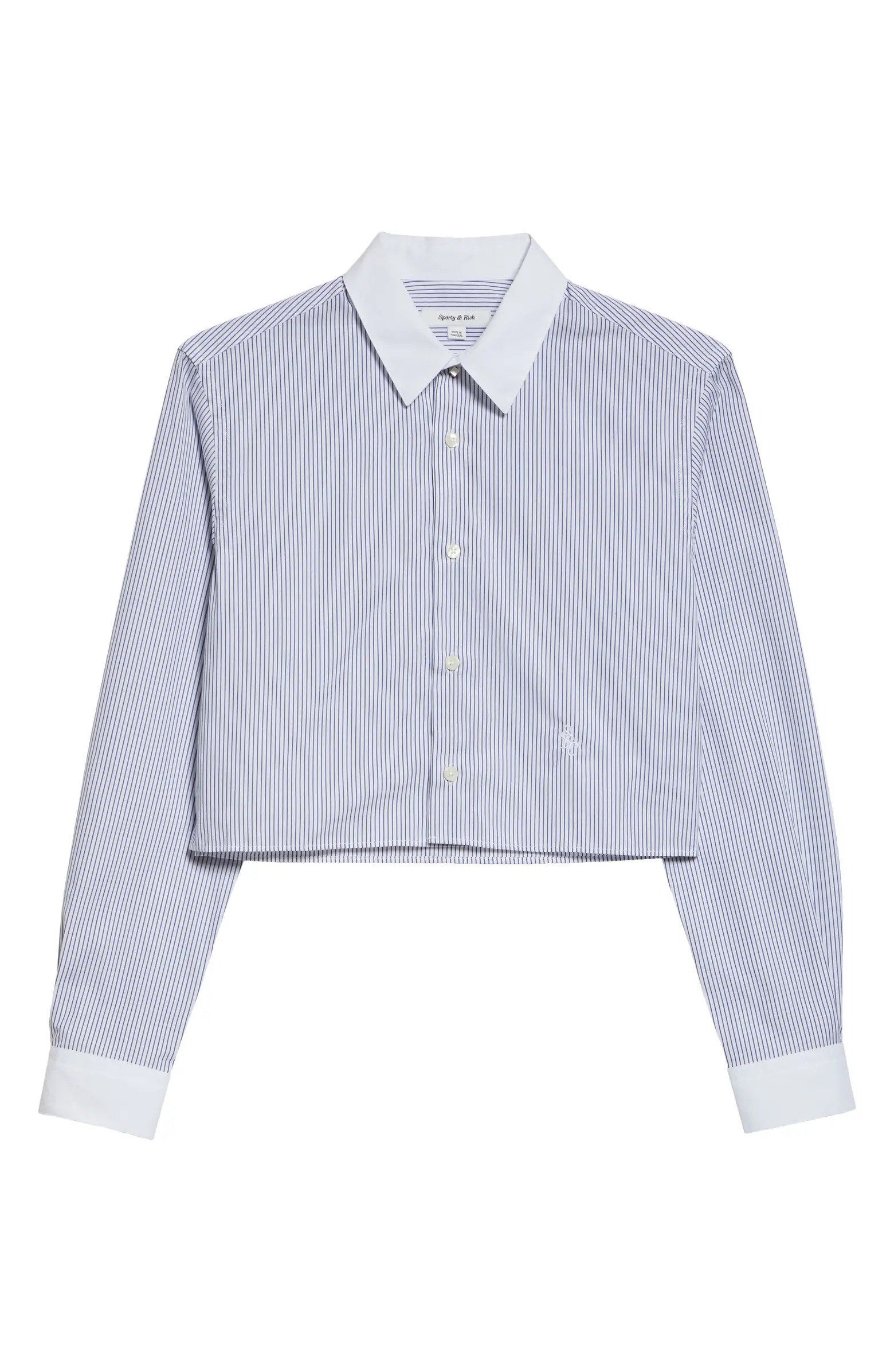 Sporty & Rich SRC Embroidered Stripe Cotton Crop Button-Up Shirt | Nordstrom | Nordstrom