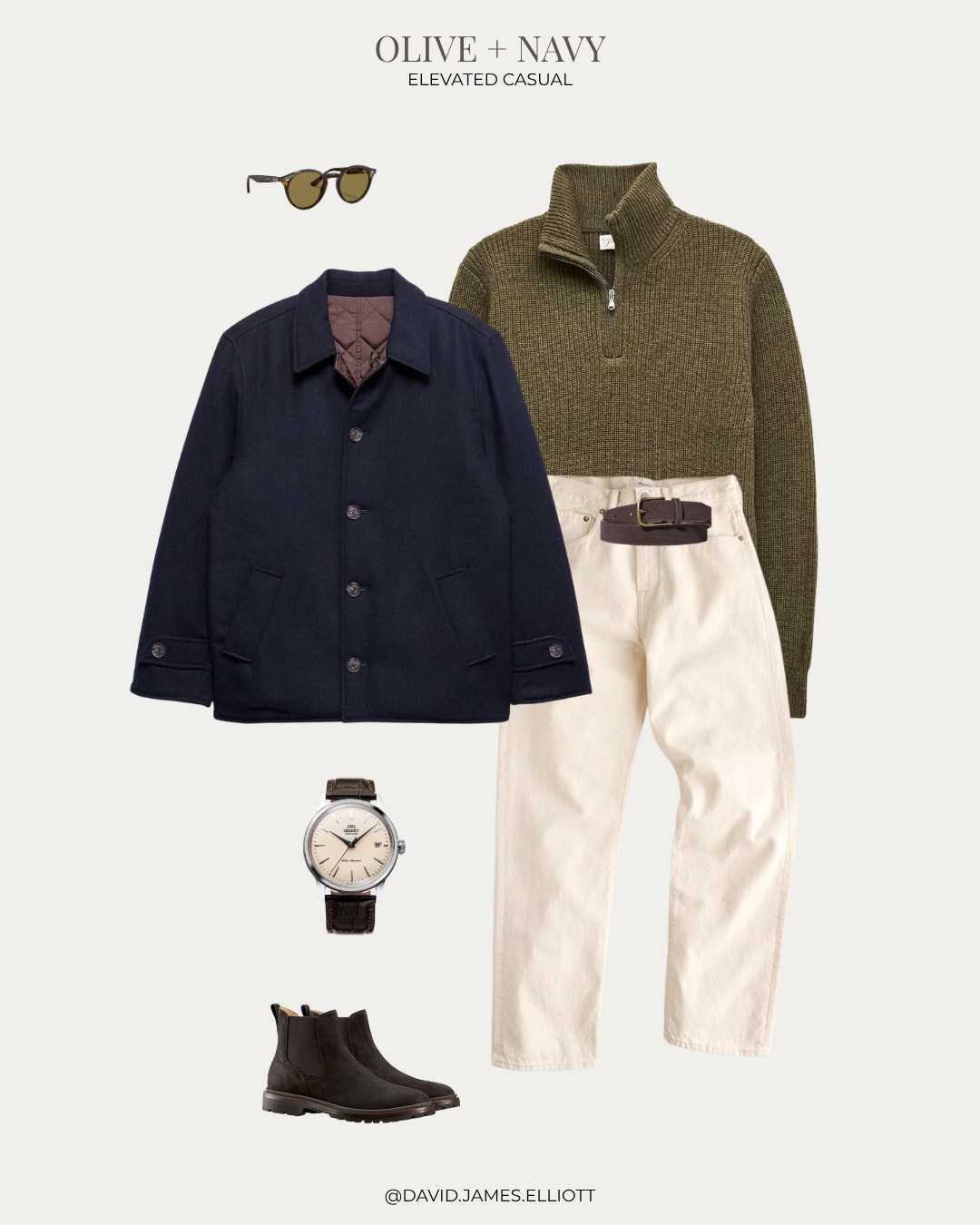 Elevated casual olive, navy + cream outfit for fall with a wool jacket and quarter zip 

 #LTKMens
