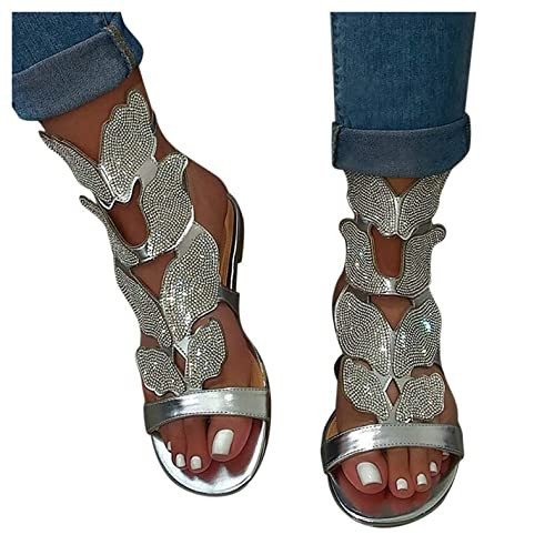HINDOLA Women's Rhinestone Glitter Flat Sandals Summer Beach Sandal Casual Open Toe Flat Slippers Gladiator Roman Rhinestone Sandals for Women | Amazon (US)