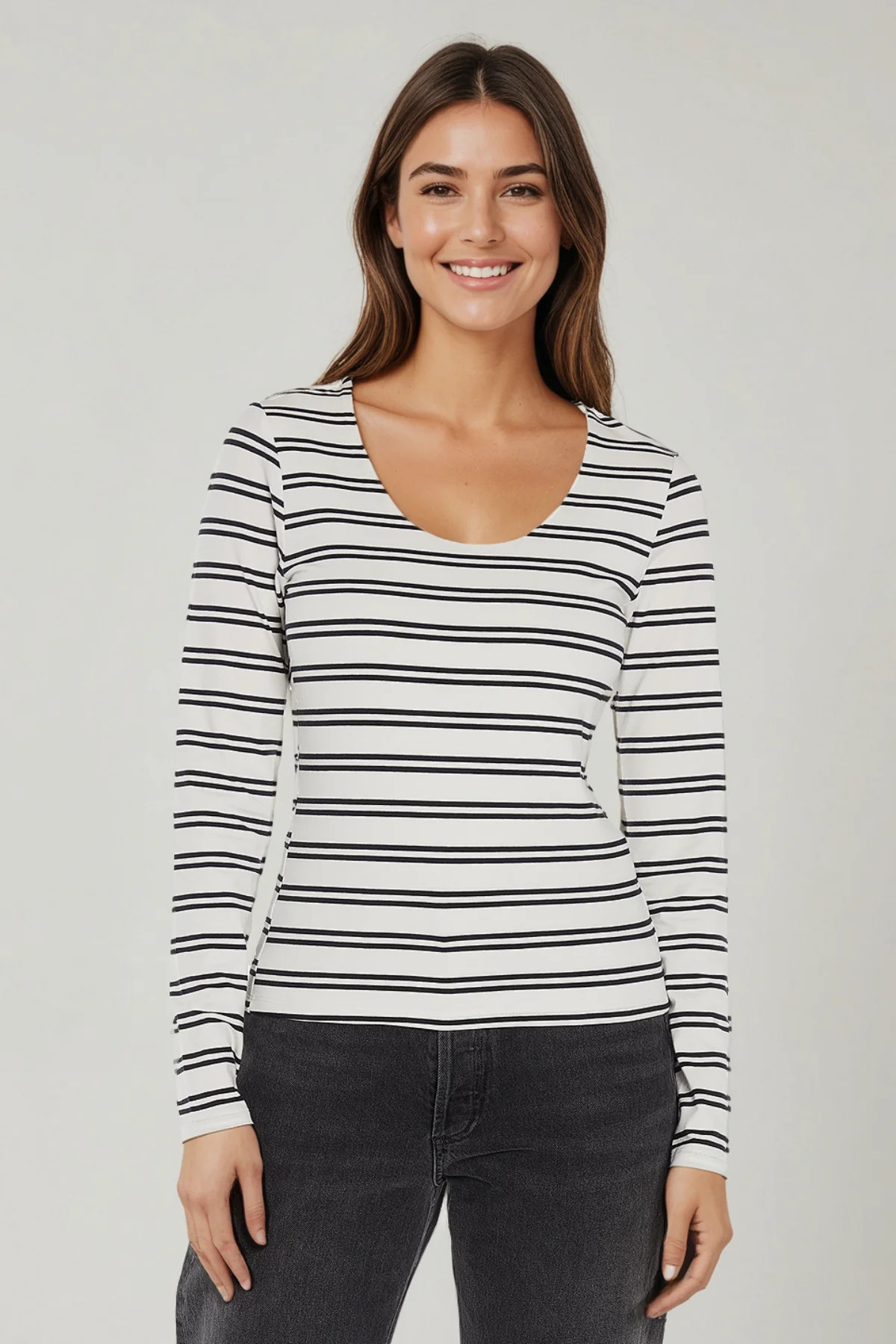Scoop Neck Long Sleeve Tee | Egret Black Beauty Stripe | Three Dots