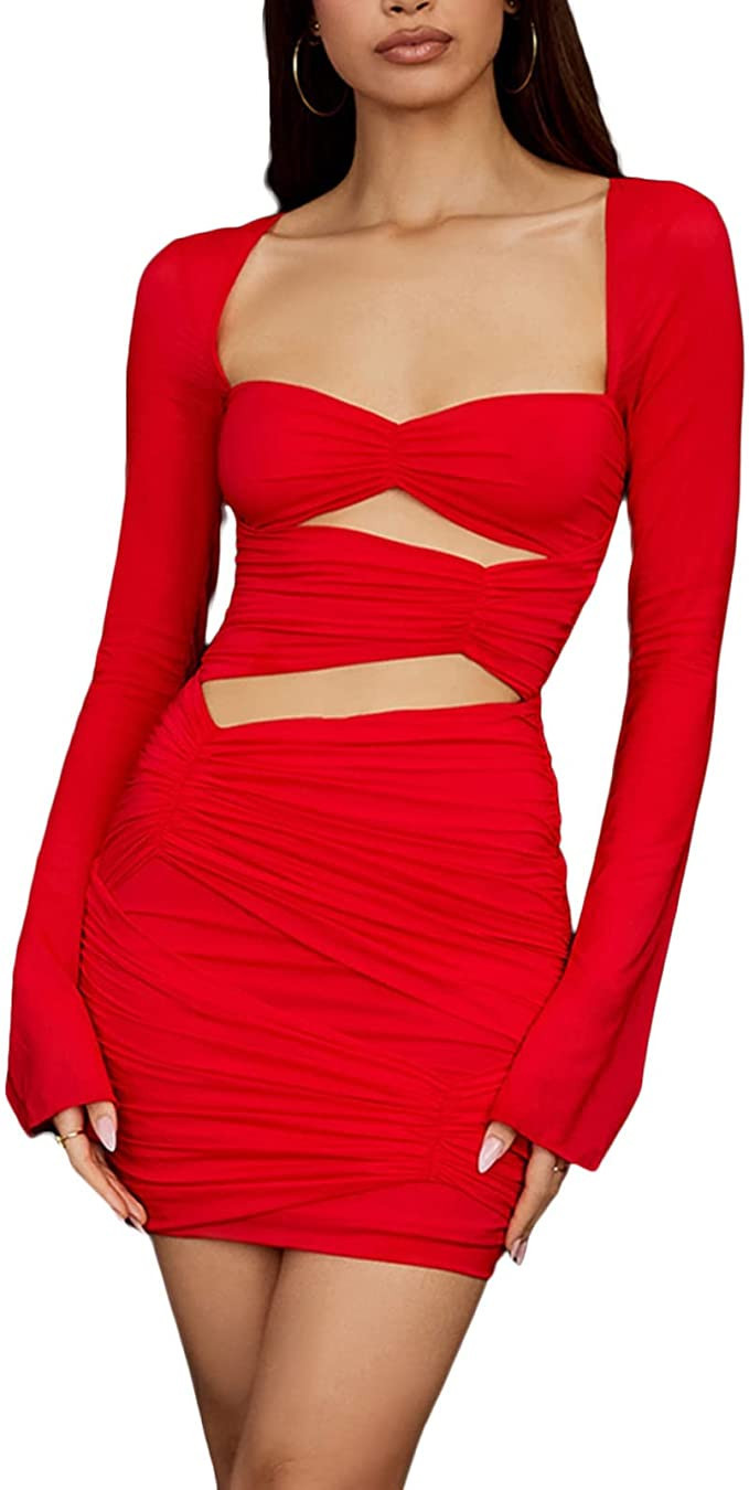 Nightclub Sexy Women's Clothing, Sexy Cutout One-shoulder Long-sleeve Bag Hip Pleated Dress | Amazon (US)
