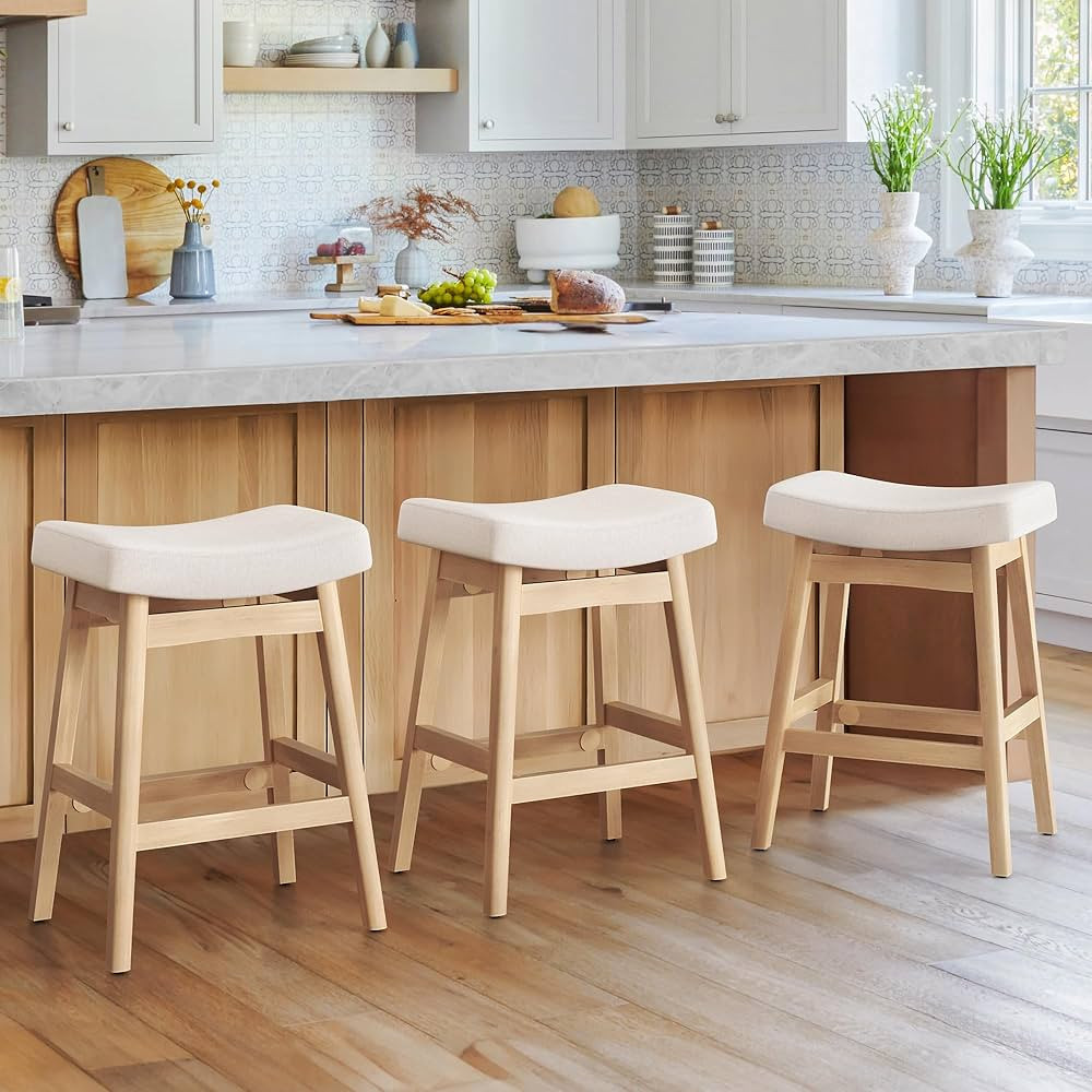 Bar Stools Set of 3, Barstools with Sturdy Wood Legs, Saddle Seat Counter Height Bar Stools for K... | Amazon (US)