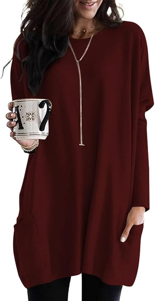 Poetsky Fall Womens Tunic or Tops to Wear with Leggings Long Sleeve Casual Long Shirts with Pocke... | Amazon (US)