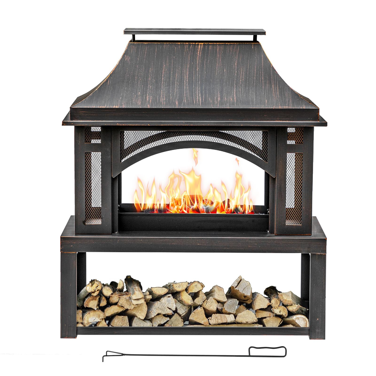 39" Fire Pits with Wood Storage for Outside, Large Wood Burning Outdoor Fireplace with Chimney, M... | Amazon (US)