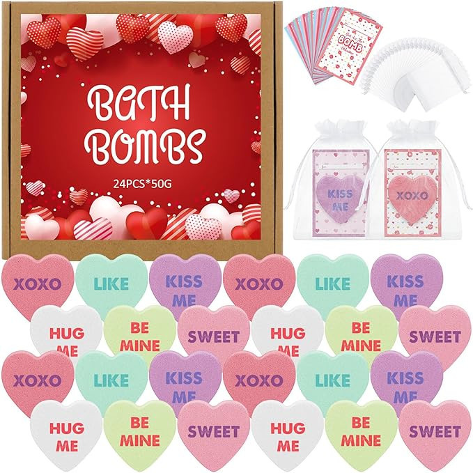 Sherr 24 Pcs Valentine's Day Conversation Heart Bath Bomb with Cards and Bags Valentine Exchange ... | Amazon (US)