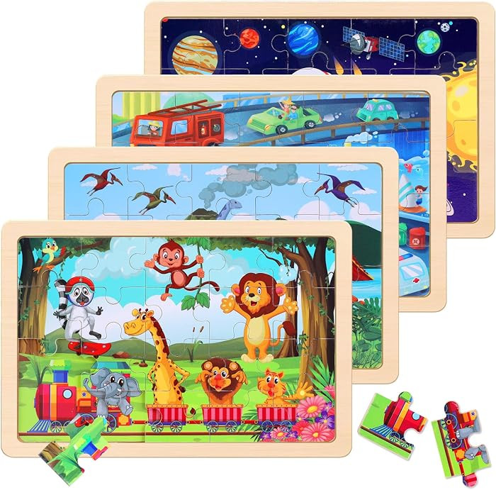 Wooden Educational Jigsaw Puzzles for Preschool Kids Ages 3-5, 4-Pack with 20 Pieces Dinosaur, Sp... | Amazon (US)