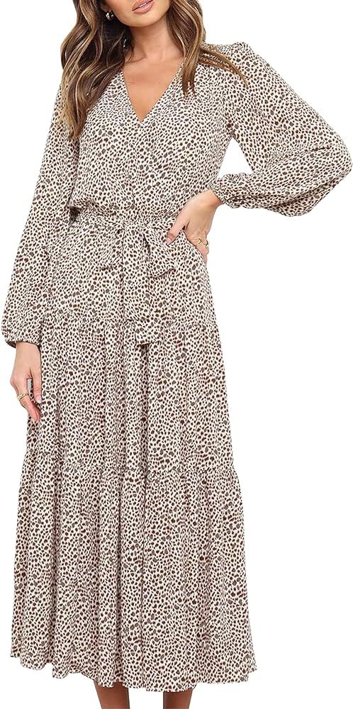 PRETTYGARDEN Womens Fall Long Sleeve Wrap V Neck Ruffle Floral Maxi Dress Casual Tie Waist Boho C... | Amazon (US)