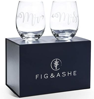 Elegant"Mr and Mrs" Wine Glasses, Set of 2, Stemless, For Wedding, Engagement, Newlyweds - Matchi... | Amazon (US)