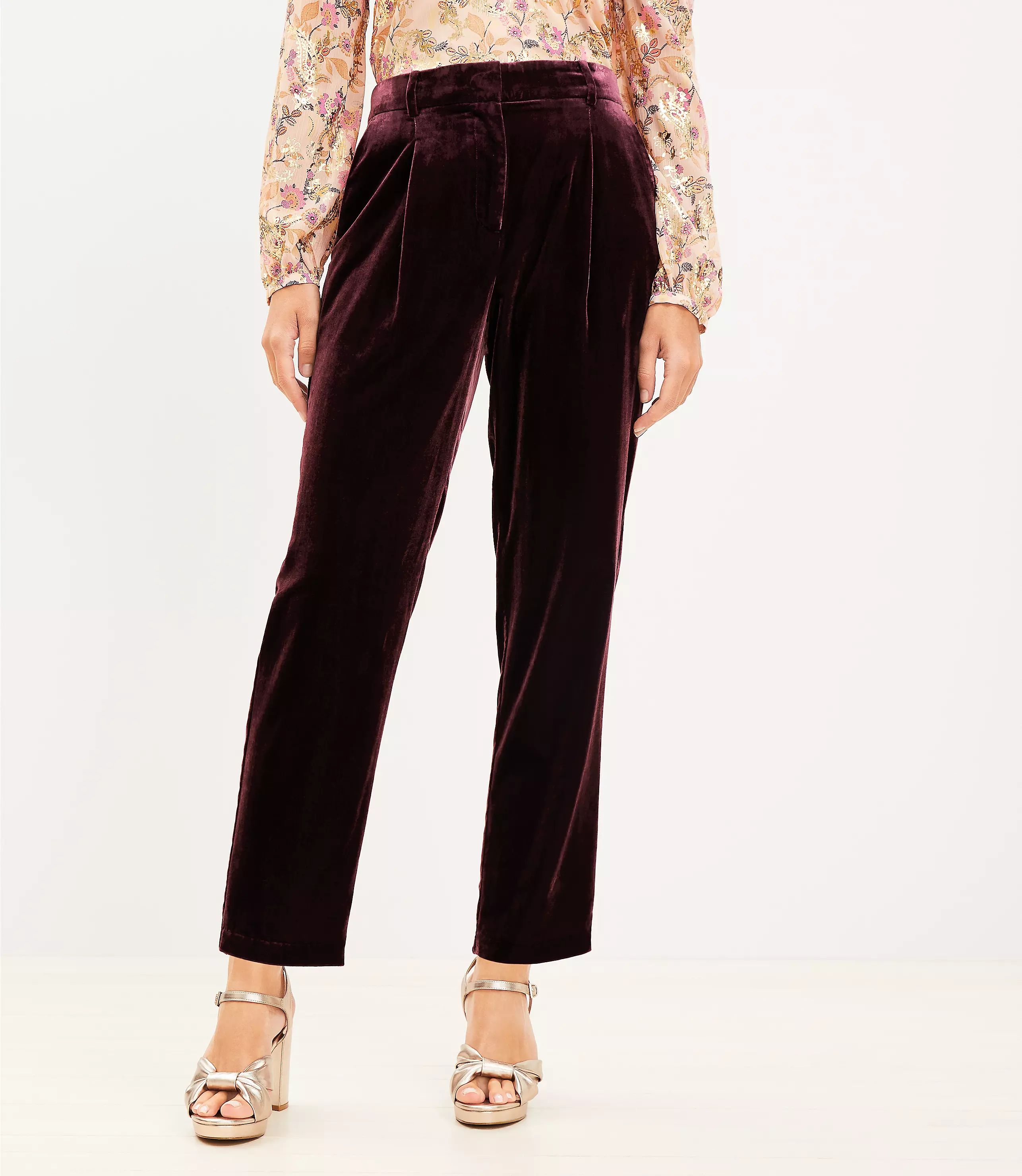 Pleated Tapered Pants in Velvet | LOFT