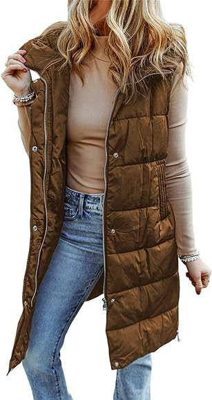 EVALESS Womens Long Puffer Vest Quilted Hooded Sleeveless Zip Up Down Jacket Winter Warm Lightwei... | Amazon (US)