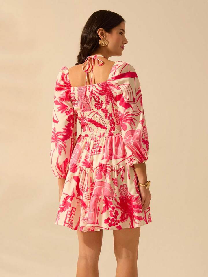 CAJUNI Women's Holiday Casual Summer Boho Tropical Plants Blue Print Bishop Sleeve Cut Out Beige ... | SHEIN