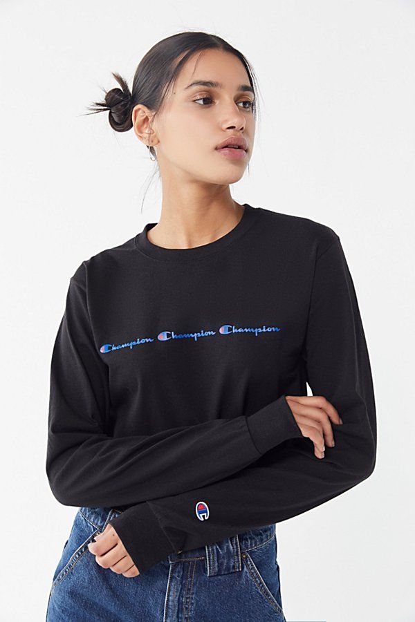 Champion & UO Script Logo Long Sleeve Tee - Black S at Urban Outfitters | Urban Outfitters (US and RoW)