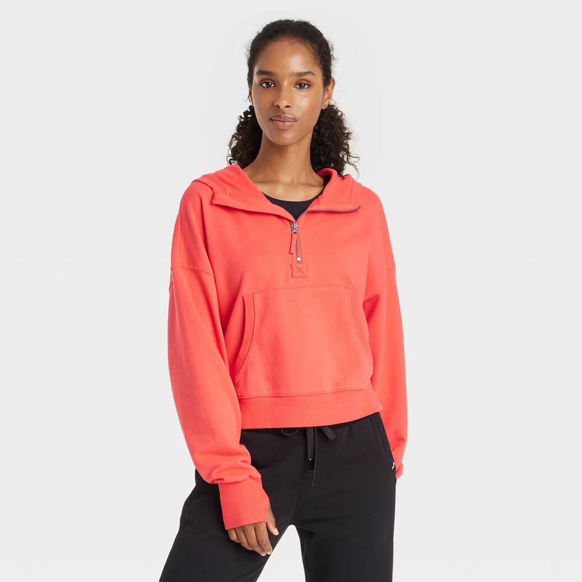 Women's French Terry 1/2 Zip Hooded Pullover Sweatshirt - JoyLab™ Coral Red S | Target