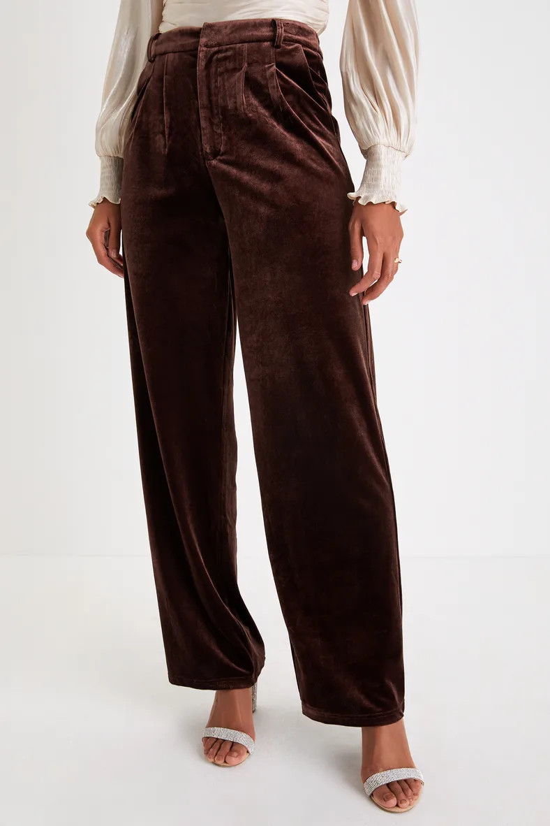 Posh Idea Brown Velvet High-Rise Straight Leg Trouser Pants | Lulus (US)