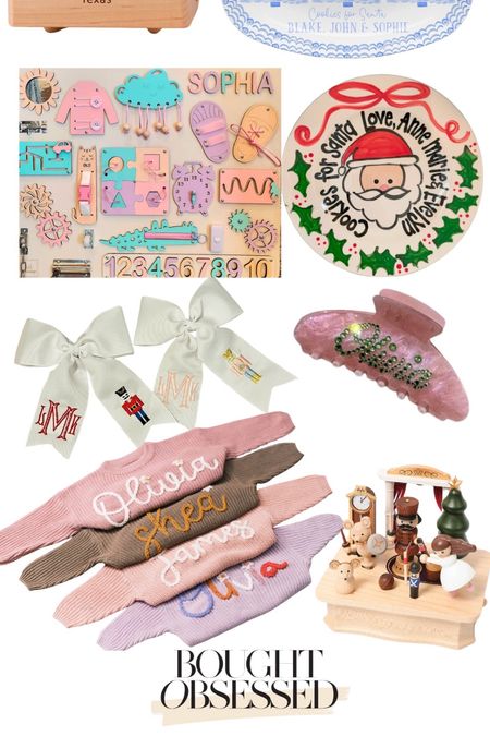 November bestsellers part 2! Christmas toile cookie platter for Santa cookies from Etsy, Ribbon and holly cookies for Santa personalized cookie plate from Etsy, hand embroidered name and monogrammed custom baby sweater from Etsy, custom embroidered monogrammed Christmas nutcracker hair bow from Etsy, personalized hair claw clips from Etsy, personalized busy board for toddler activities from Etsy, Odin Parker Texas wooden music box for kids, & Odin Parker nutcracker ballet music box for kids. 

#LTKfindsunder100 #LTKGiftGuide #LTKbeauty