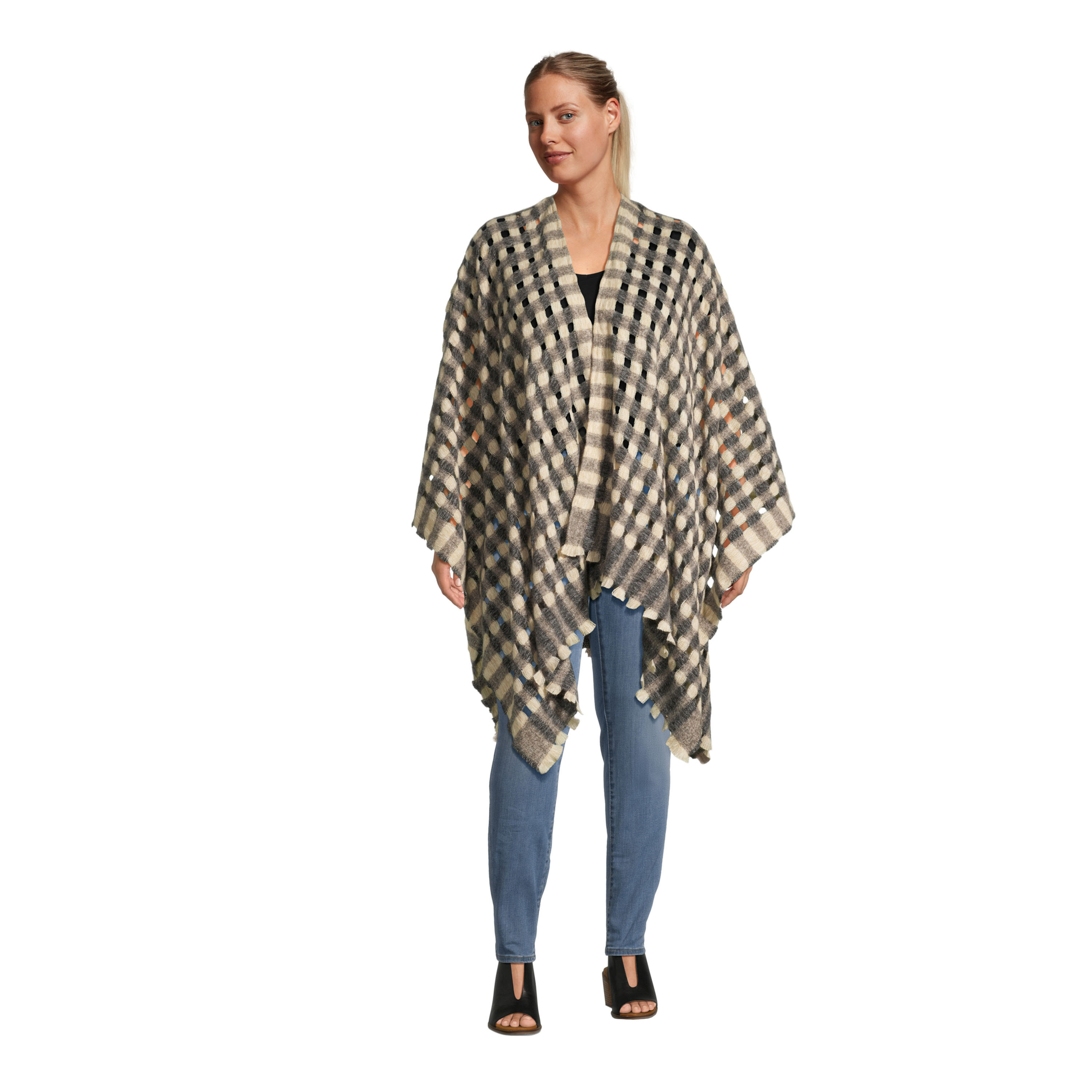 Charcoal Black and Cream Basketweave Plaid Wrap | World Market