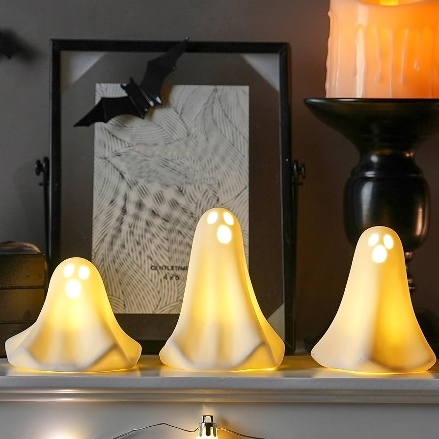 AOMOONOA Ceramic Ghost Decor, 3Pcs Light Up Ghosts for Halloween Decor | Amazon (US)