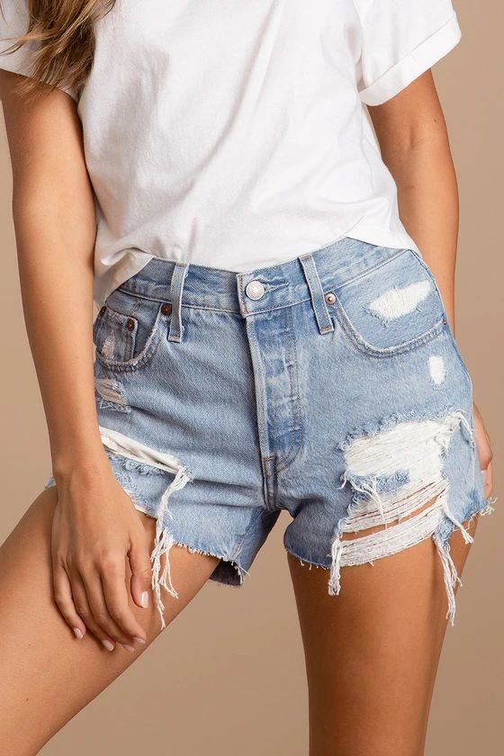 501 Light Wash Distressed High Rise Cutoff Denim Shorts | Lulus (US)