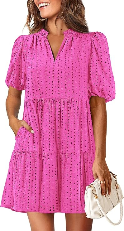 KIRUNDO Eyelet Summer Dresses for Women Mini Casual Hollow Out Short Sleeve Lace Tiered V Neck Sh... | Amazon (US)