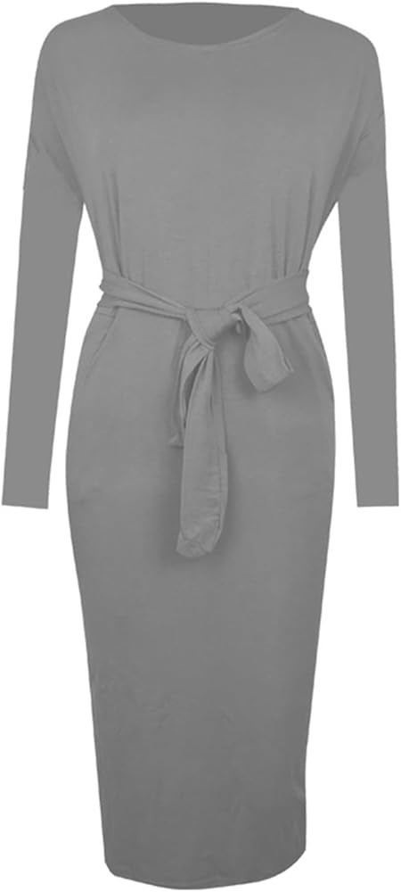 Fall Dresses fow Women Winter Long Sleeve Crew Neck Casual Front Tied Ribbed Knit Midi Cotton Dre... | Amazon (US)