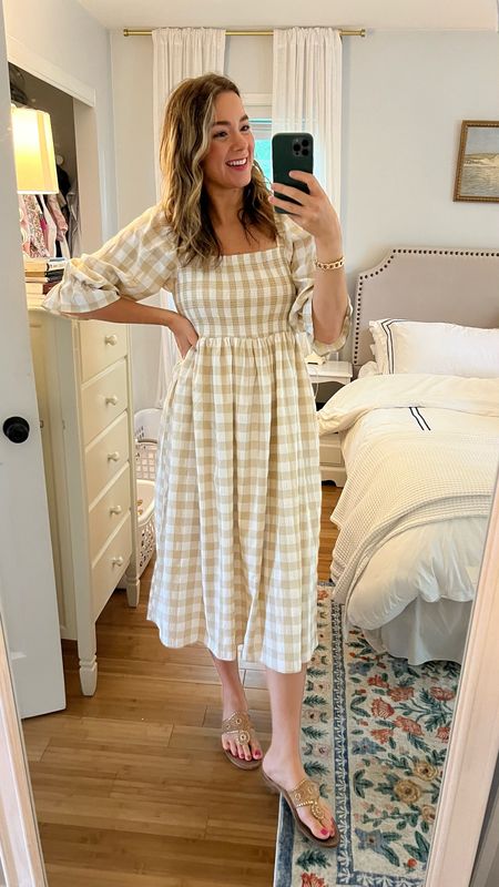 Todays church outfit! Gingham midi dress and my go to summer sandal. Wearing a medium in the dress, runs a little on the bigger side, especially in the chest / shoulders, so I could have sized down. Great summer dress though!

#LTKStyleTip #LTKSeasonal