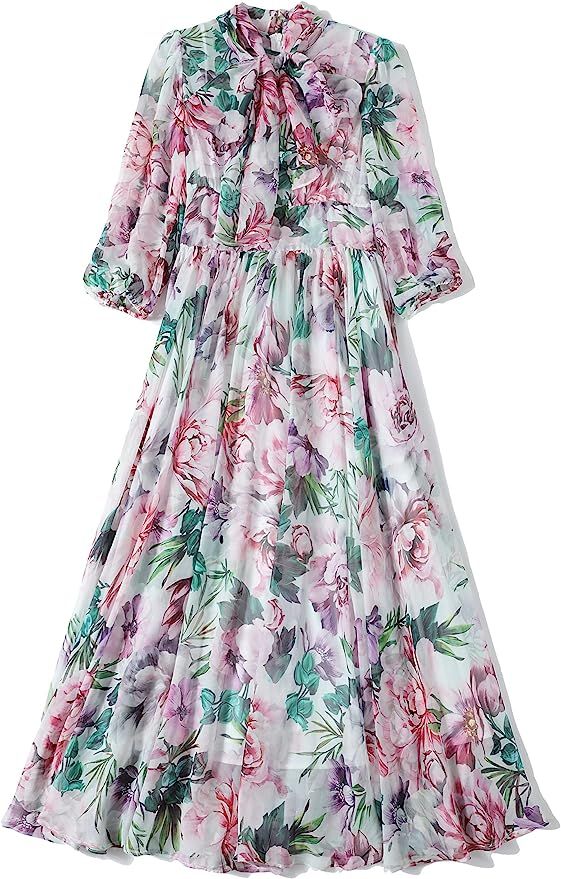 DOVWOER Women's Floral Print Tie Front Casual A-line Party Elegant Dress | Amazon (US)