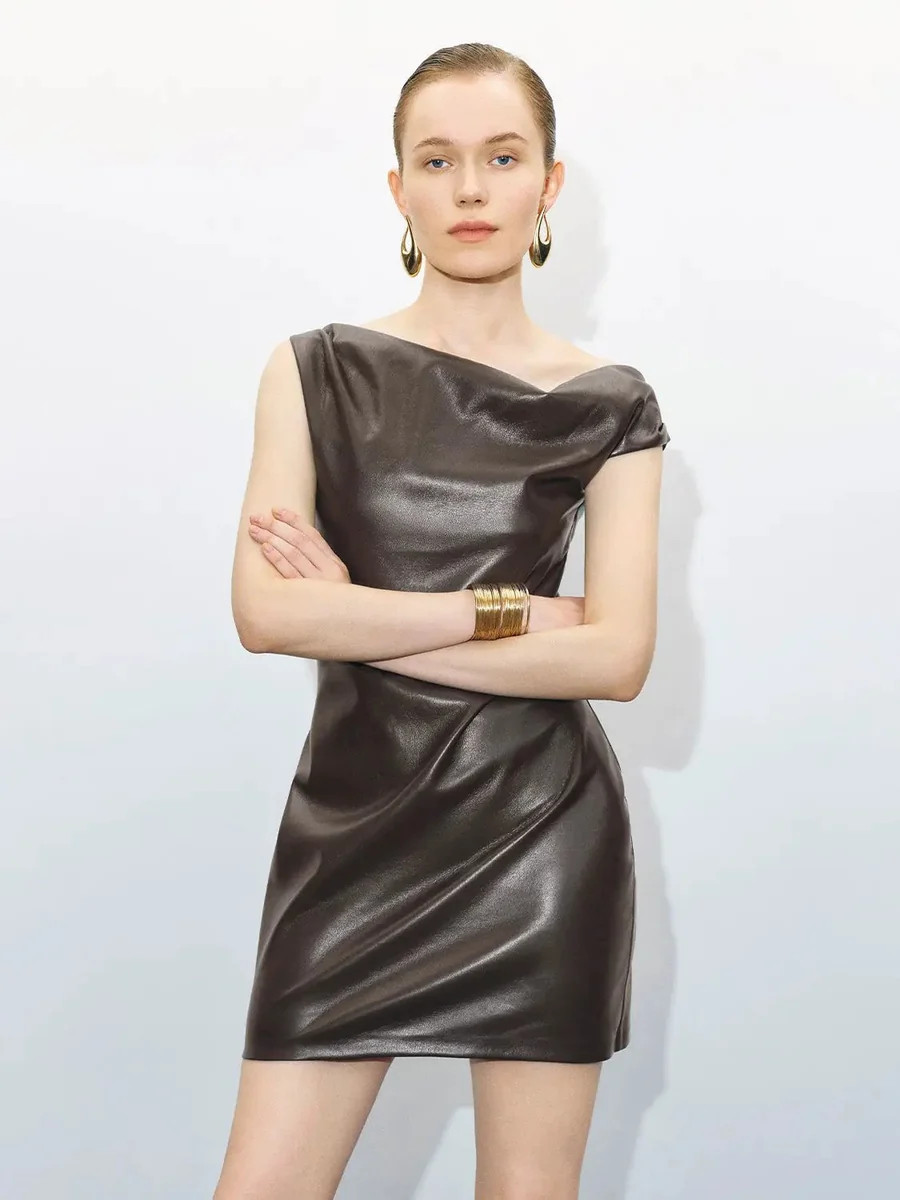 One Shoulder Vegan Leather Straight Dress | Urban Revivo