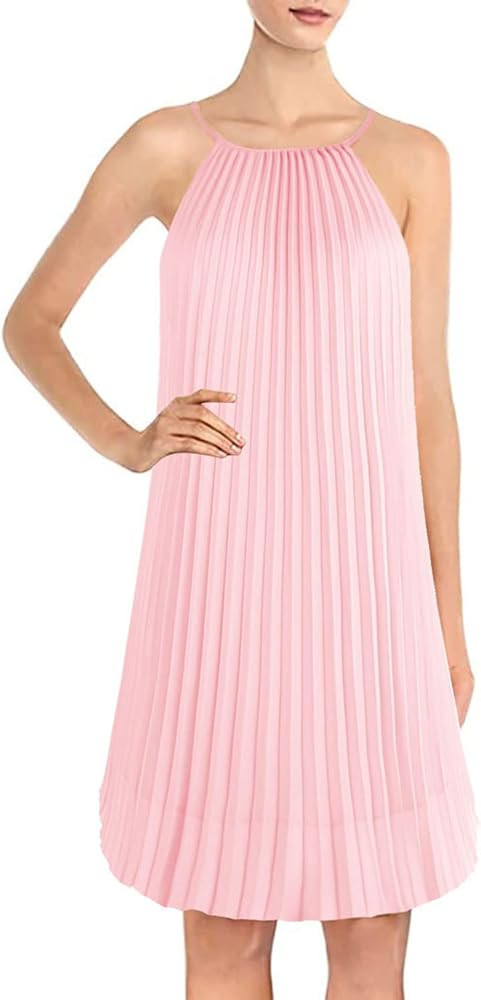 Ellames Women's Summer Spaghetti Strap Pleated Casual Swing Midi Dress with Belt | Amazon (US)