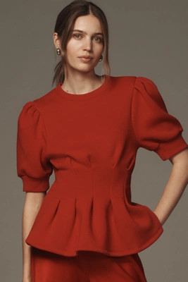 Maeve Puff-Sleeve Pleated-Waist Peplum Top | Anthropologie (US)