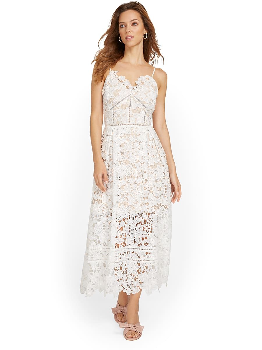 NY & Co Women's White Lace Midi Dress - Endless Blu Size Medium Polyester | New York & Company