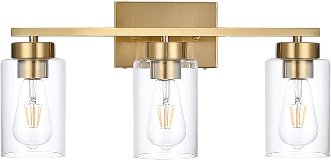 3-Light Bathroom Vanity Light, Modern Brushed Gold Wall Lights with Clear Glass Shades, Bathroom ... | Amazon (US)